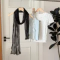Korean style solid color pleated long scarf for women, thin lightweight spring summer neck wrap. - Black