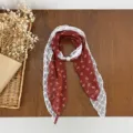 Red floral chiffon scarf with white lace splice and pearl decor, elegant neck accessory. - HMS - Floral Embers Wine Red