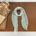Green plaid lace patchwork scarf with pearl buckle, vintage literary style neck accessory detail. - Green