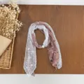 Korean floral lace spliced pearl silk scarf women spring summer elegant neck ribbon accessory - HMS Soft Floral Branches - Mauve