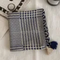 Vintage houndstooth square scarf with elegant corner tassels, versatile fashion accessory. - Blue Houndstooth Polka Dot