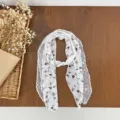 Floral lace silk scarf with pearl buckle, vintage spring summer women neckerchief accessory. - HMS Soft Floral Branches - White