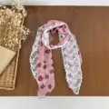 Chic pink floral lace scarf with pearl accessory for women, stylish spring summer neck ribbon. - HMS Flower Light - Pink