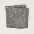 Paisley Print Small Square Scarf Detail view showing delicate grey vintage pattern fabric. - Brown