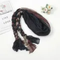 Detailed view of the multi-color spliced pleated braided scarf, unique and versatile. - Coffee Khaki Blue