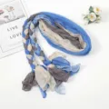 Women's spliced pleated braided scarf, blue grey beige multi-color design, fashionable neckwear. - Sky Blue Beige Gray