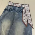 Retro vintage wash denim pants paired with chic printed ribbon belt for stylish daily wear. - Elephant Plaid / 140x7cm / Coffee