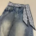 Trendy vintage washed denim jeans paired with a chic patterned ribbon belt for stylish women. - Elephant Plaid / 140x7cm / Black