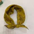 Detailed view of retro printed cotton linen small square scarf, mustard yellow neck scarf - YB58 Ginger Yellow Tree Leaves & Flowers