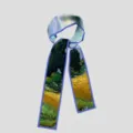 Close-up detail of the art printed narrow silk scarf showing the delicate blue edge and texture. - PDPJ-Wheat Field with Cypresses