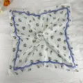 Retro floral small square scarf for women, white vintage neck scarf with blue flowers and purple border. - 58-Midsummer Time Blue