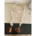 Long sheer ribbon scarf with chic tassels, perfect aesthetic accessory for spring and summer wear. - Beige