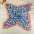 Retro blue floral small silk scarf with pink border, versatile square headscarf for women. - LM58 - Small Flowers on Blue Base with Pink Border