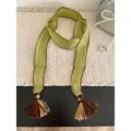 Spring summer women thin long scarf retro forest style tassel ribbon neck accessory chic - Matcha Green