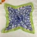 Retro floral print square scarf with green border, lightweight silk alternative for women styling. - LM58 - White Flowers Purple Base Green Edge