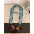 Spring summer blue long ribbon scarf with brown tassels, vintage style women accessory SKU. - Lake Blue