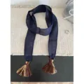 Navy blue long ribbon scarf with tassel ends, versatile spring and summer neck accessory. - Navy Blue
