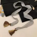 Vintage long tassel scarf for women, elegant lightweight spring summer neck ribbon accessory. - Gray