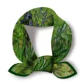 Detail view of the classic Van Gogh oil painting floral print silk square scarf detail. - Green Fleur-de-lis