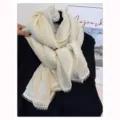 Elegant white textured scarf with delicate lace trim, warm and stylish autumn winter shawl. - Plain Scalloped Edge Off-White