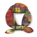 Detailed view of the artistic oil painting print silk square scarf, elegant tied display. - Red House