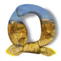 Detail view of the artistic Van Gogh oil painting silk square scarf, vintage floral pattern. - The Harvest in Provence