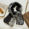 Retro Korean style spliced lightweight printed silk scarf, versatile layering shawl. - WR Patchwork Leaves, Black