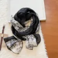 Retro black and white printed spliced lightweight silk scarf for women fashion daily wear - WR Patchwork Orchid, Black