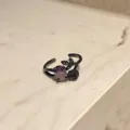 Primer plano detallado de un anillo punk abierto chapado en negro con piedra morada y rosa. - Estilo Rosa Negra Piedra Ovalada (A4)