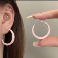 Simple pink macaron hoop earrings for women, sweet style daily minimalist circle ear jewelry. - Pink Plain Style