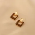 Brown square geometric earrings, French retro metal and enamel chic ear studs for women. - Square Brown Stud Earrings