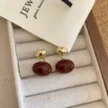 French retro style deep red stone gold drop earrings, elegant niche design fashion jewelry. - Red Bean