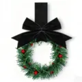Mini Weihnachts-Kranz Detail mit eleganter schwarzer Samtschleife und roten Beeren Dekoration. - 4 Stück/Packung / Stroh-Rattan-Girlande + rote Beeren (schwarzes Schleifenband)
