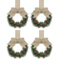 Mini Weihnachts-Kranz Set mit roten Beeren und Jute-Schleife für Feiertags Schrank Dekoration - 4 Stück/Packung / Strohrebe & Rote Beeren (Kamelfarbenes Band)