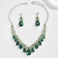 Set collana e orecchini a goccia in cristallo verde retro, gioielli vintage eleganti. - Verde