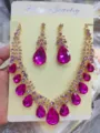 Set collana e orecchini in cristallo retrò europeo, elegante gioiello con strass rosa. - Rosso rosa