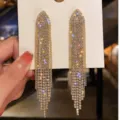 Orecchini pendenti lunghi con frange di strass dorati da donna, gioielli eleganti. - Oro (4112)