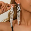 Primo piano di orecchini lunghi e scintillanti con strass e design a frange di cristallo. - Argento (80146401)