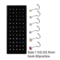 Piercing naso in acciaio inox con strass colorati scatola da 60 pezzi misura 1.5 2 2.5mm - Barra Curva (JE0495B)