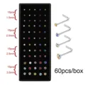 Set di 60 piercing naso a L in acciaio inox con varie misure di cristalli colorati - Barra a L (JE0597D)