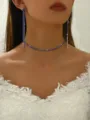 Blue rhinestone choker necklace and long fringe earrings set, elegant detail jewelry close-up. - Silver Blue Set