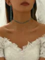 Elegant green rhinestone choker necklace and long drop earrings set for women fashion party jewelry. - Silver Green Necklace Earrings