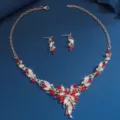 Rotes Strass Blumen Schmuckset Halskette Ohrringe elegante Abendkleid Accessoires - Rot