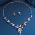 Set de collar y pendientes de hoja cristal azul, joyería dorada elegante para vestido de noche. - Azul