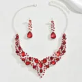 Elegant red rhinestone crystal necklace and earrings set for women, perfect for parties. - Red