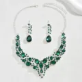 Stunning green rhinestone crystal necklace and earrings set, perfect for bridal and party. - Green