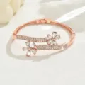 Elegant rose gold hinged bangle bracelet with sparkling crystal flowers for women fashion daily wear - Double Flower Hinge Style (80511336) / Rose Gold