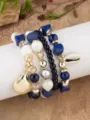 Set di bracciali di perline multistrato boho con pietre blu bianche e ciondolo conchiglia. - 4313