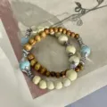 Conjunto de pulseras de cuentas de madera cerámica bohemio, estilo étnico elástico. - Madera Verde