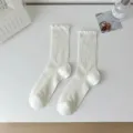 White mid-calf socks with cute ruffle lace trim, soft knitted cotton daily casual wear. - Polyester Material / Milky White